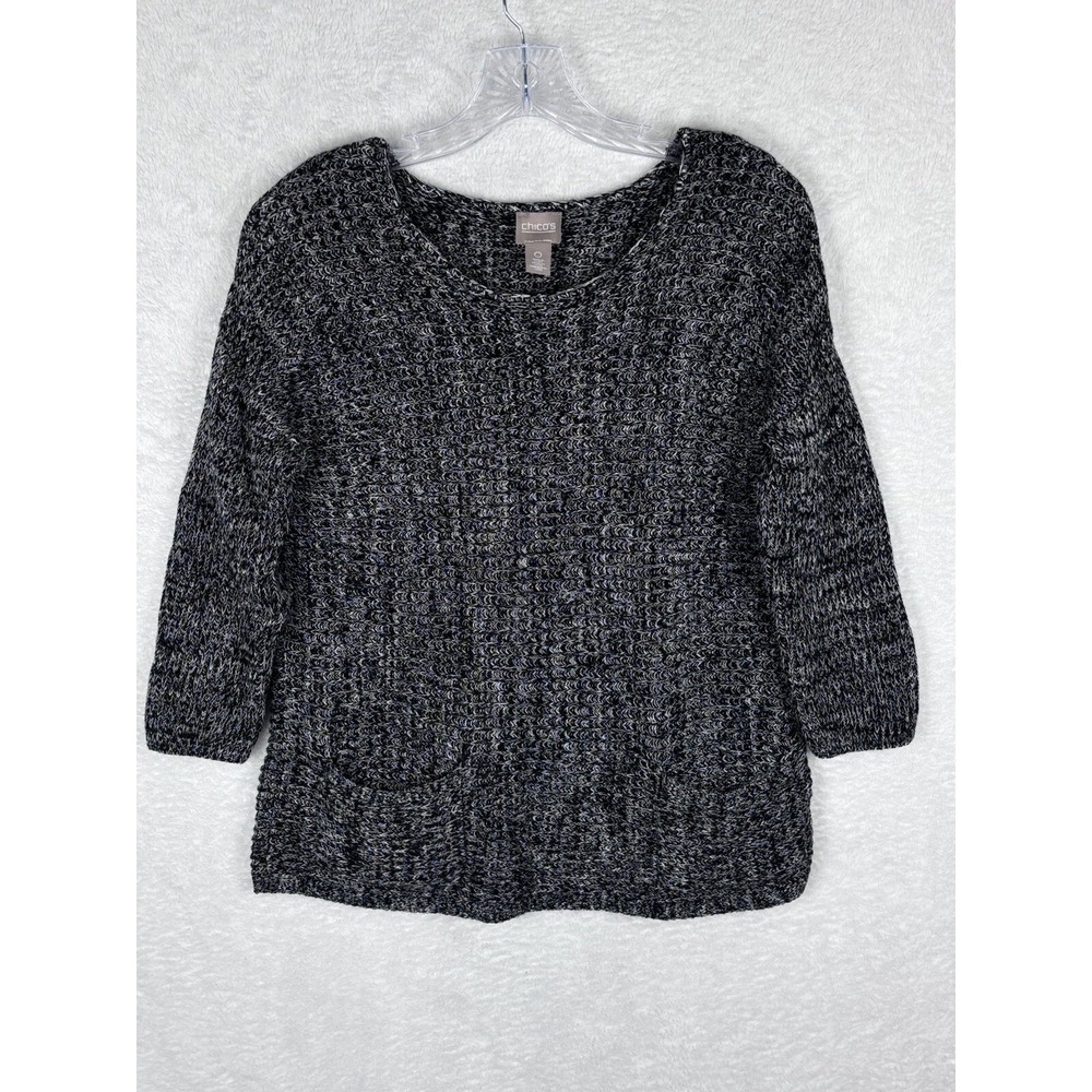 CHICO'S Black Gray Knit Sweater With Front Pockets‎ 3/4 Sleeve Size 0